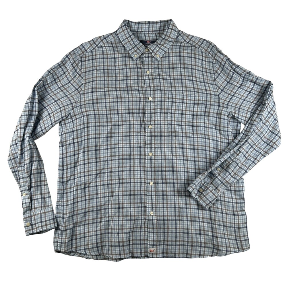 Vineyard Vines Shirt Mens XL Blue Plaid Linen Long Sleeve Button Front Casual